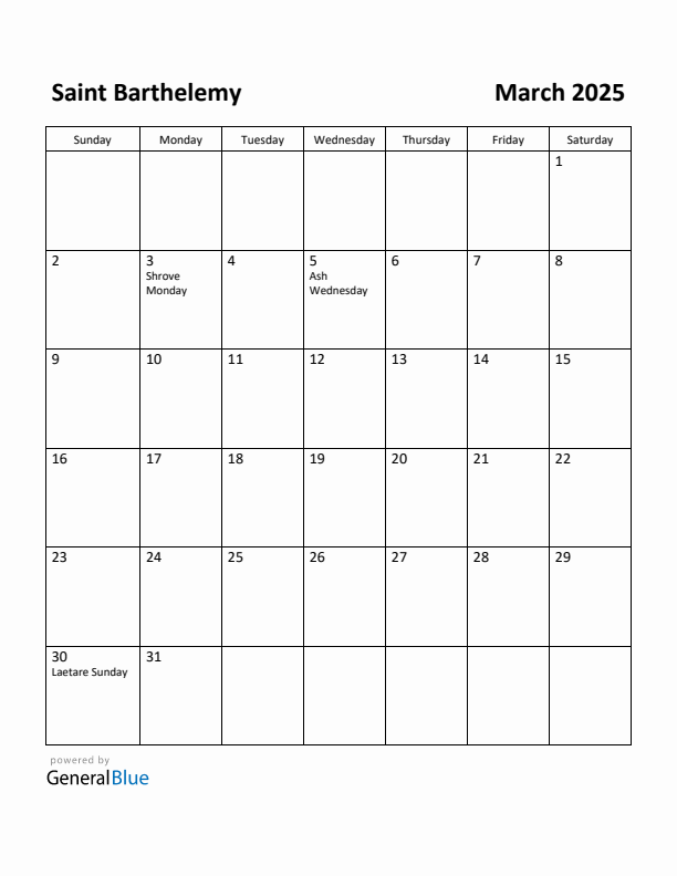 March 2025 Calendar with Saint Barthelemy Holidays