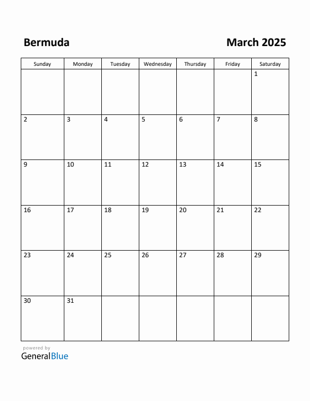 March 2025 Calendar with Bermuda Holidays