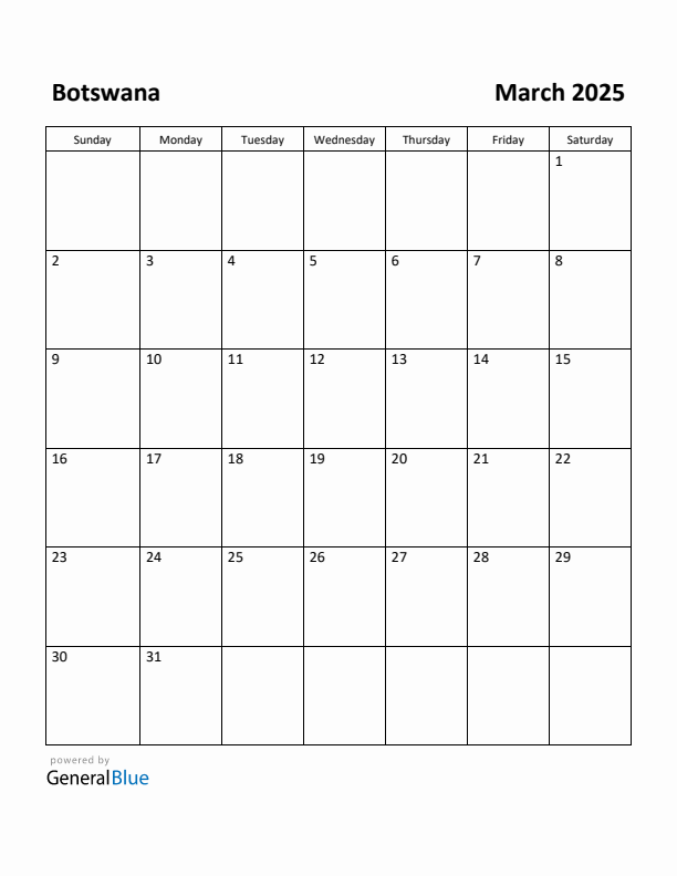 March 2025 Calendar with Botswana Holidays