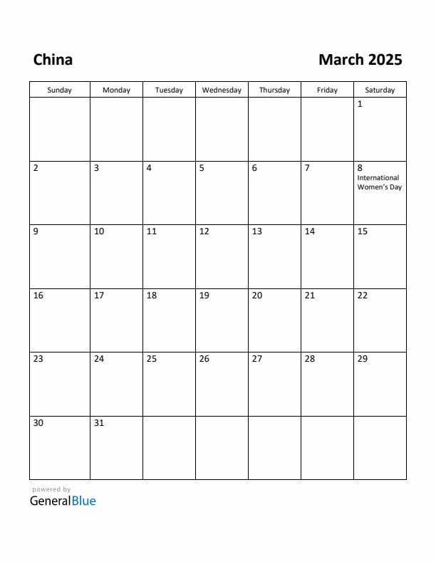 March 2025 Calendar with China Holidays