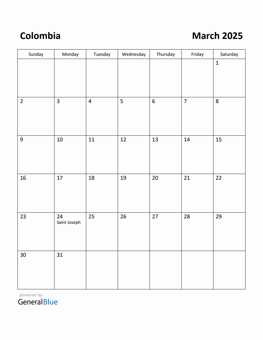 Free Printable March 2025 Calendar for Colombia