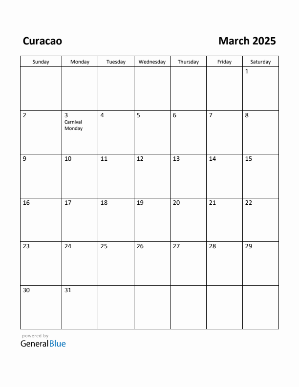 March 2025 Calendar with Curacao Holidays