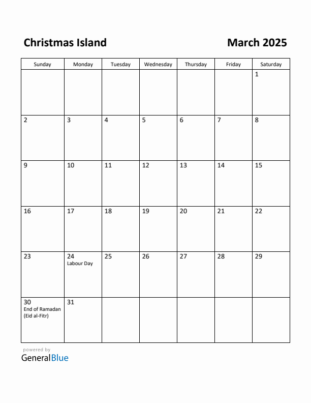 March 2025 Calendar with Christmas Island Holidays