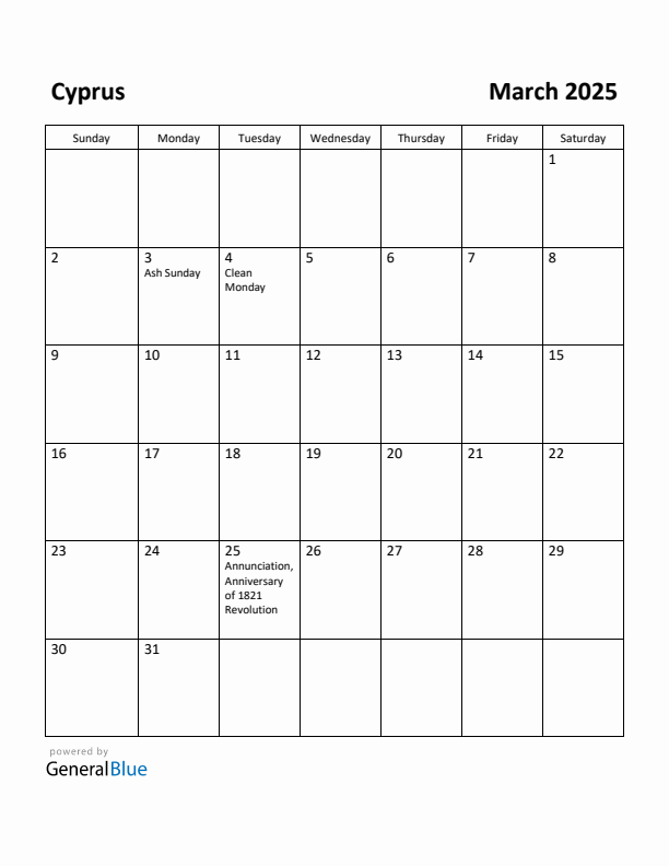 March 2025 Calendar with Cyprus Holidays