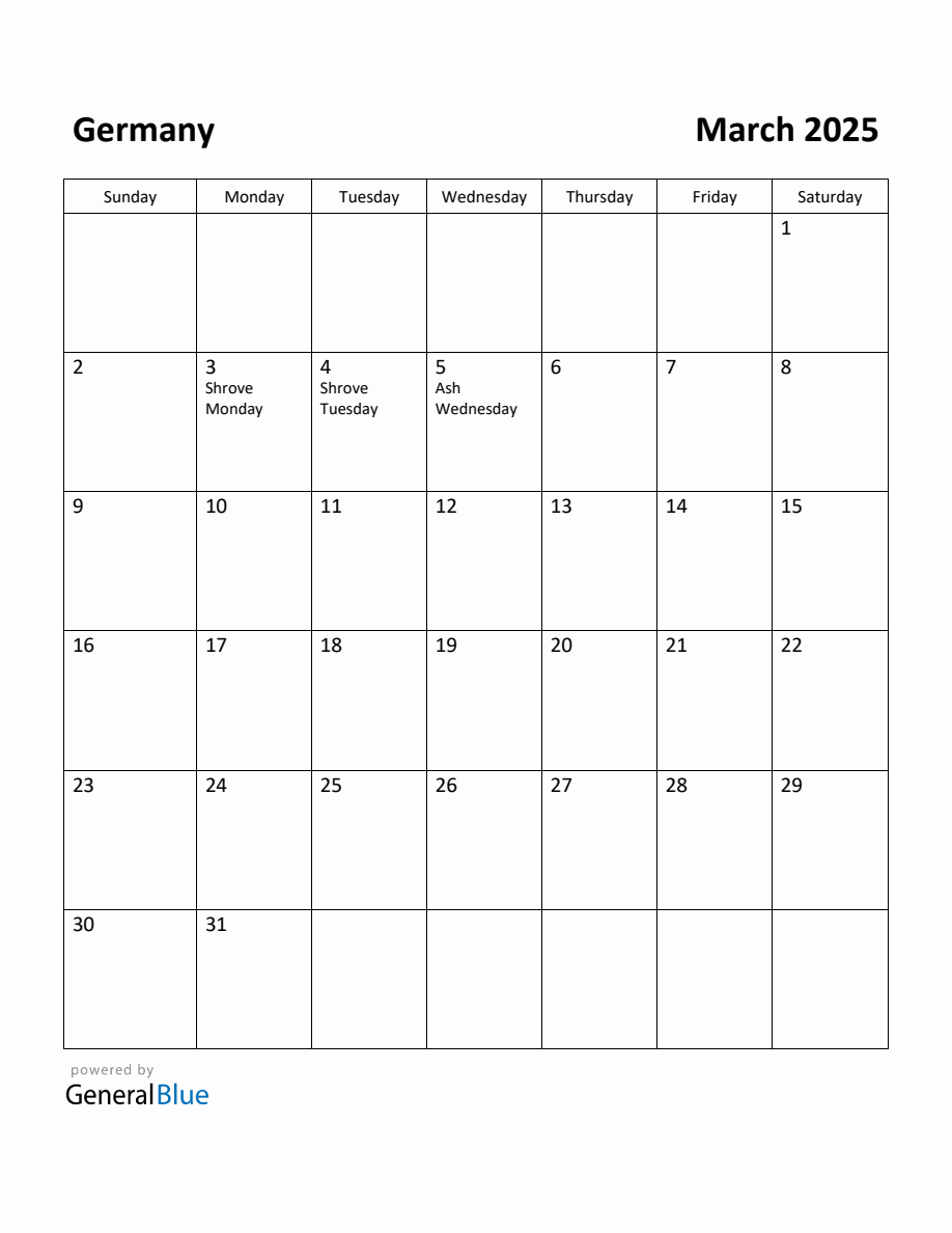 Free Printable March 2025 Calendar for Germany