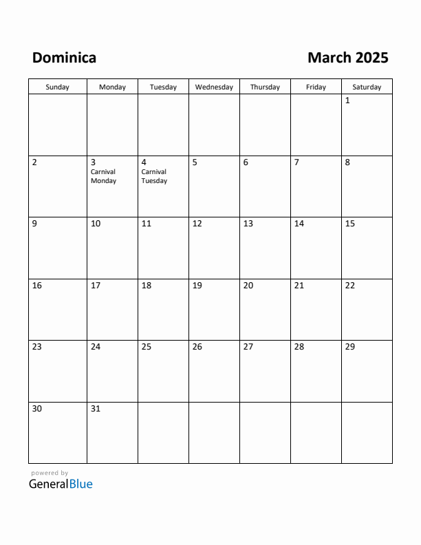 March 2025 Calendar with Dominica Holidays