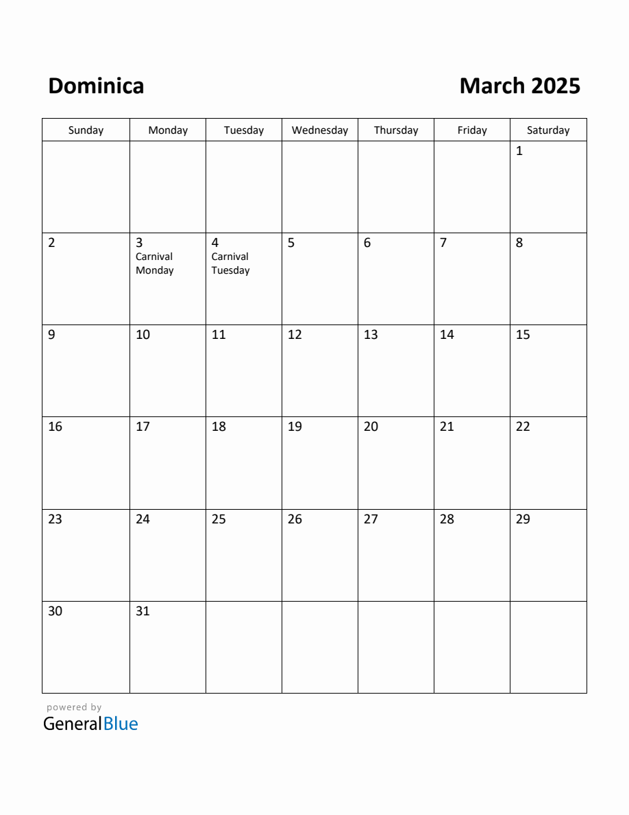 Free Printable March 2025 Calendar for Dominica