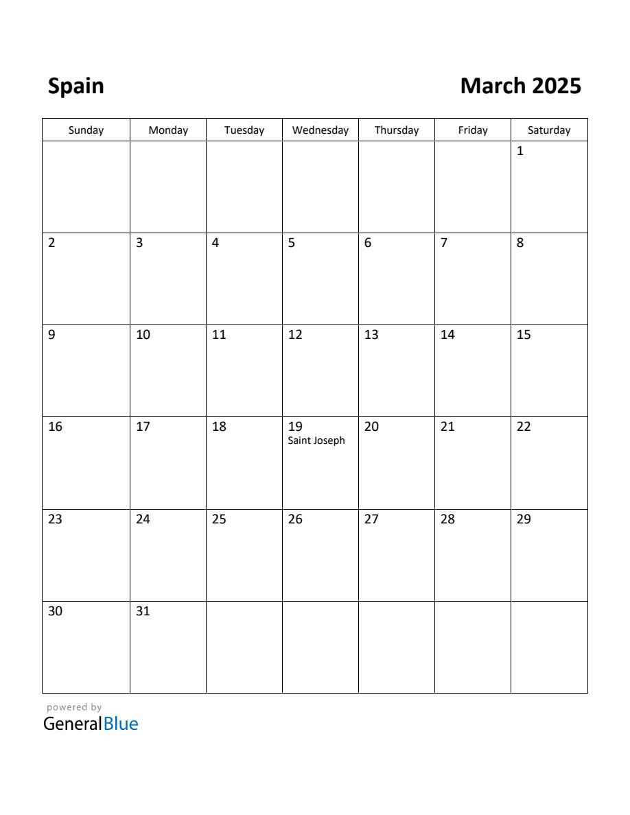 Free Printable March 2025 Calendar for Spain