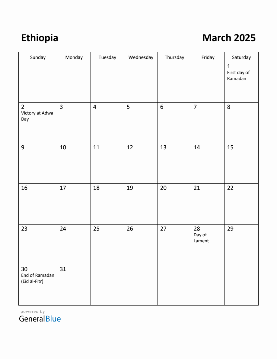 Free Printable March 2025 Calendar for Ethiopia