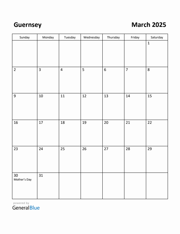 March 2025 Calendar with Guernsey Holidays