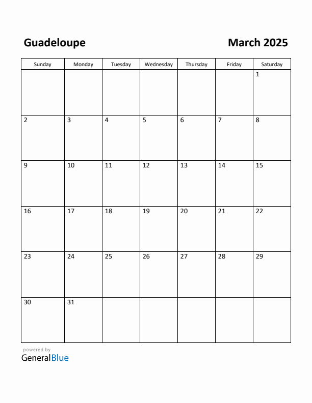 Free Printable March 2025 Calendar for Guadeloupe