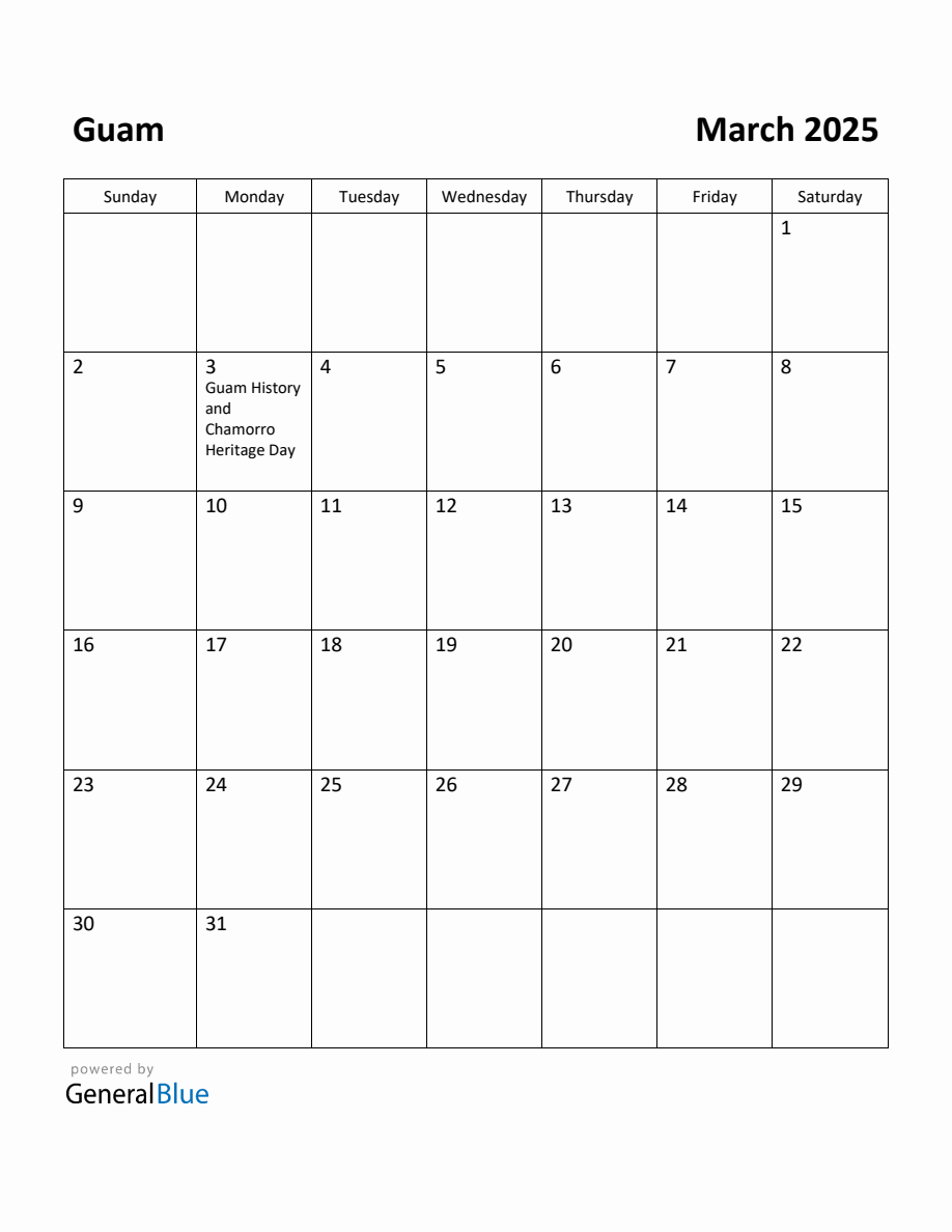 Free Printable March 2025 Calendar for Guam