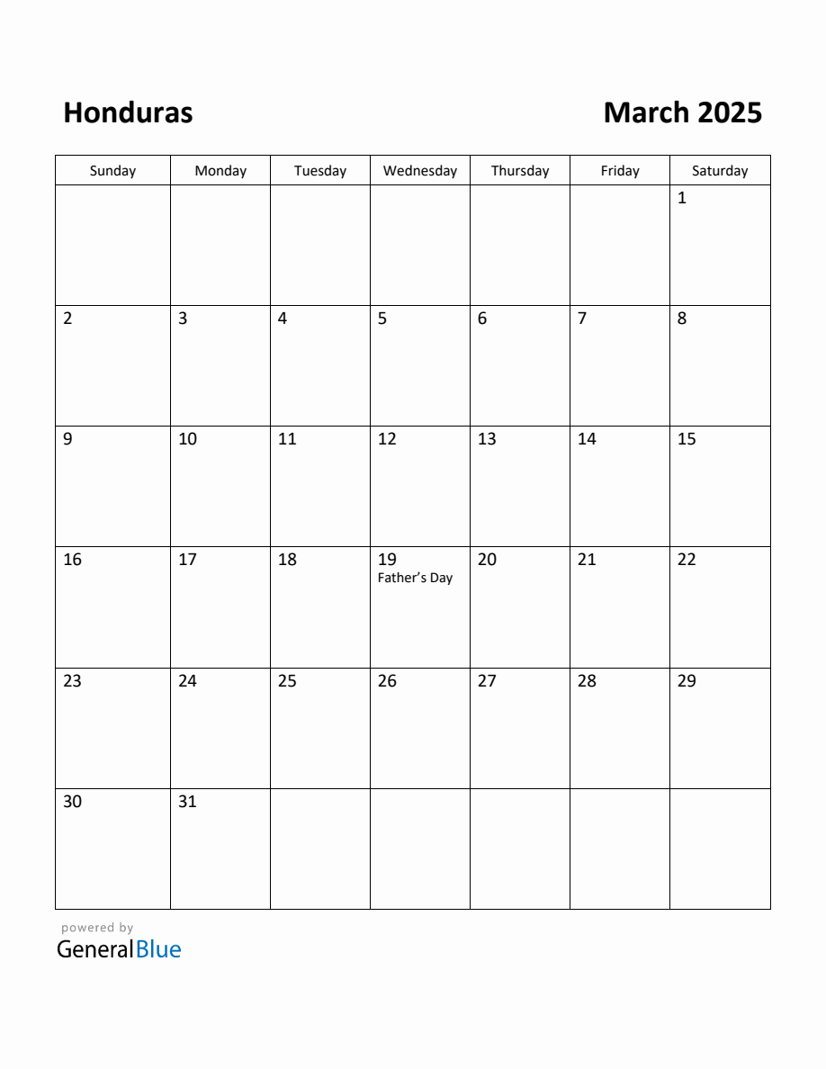 Free Printable March 2025 Calendar for Honduras