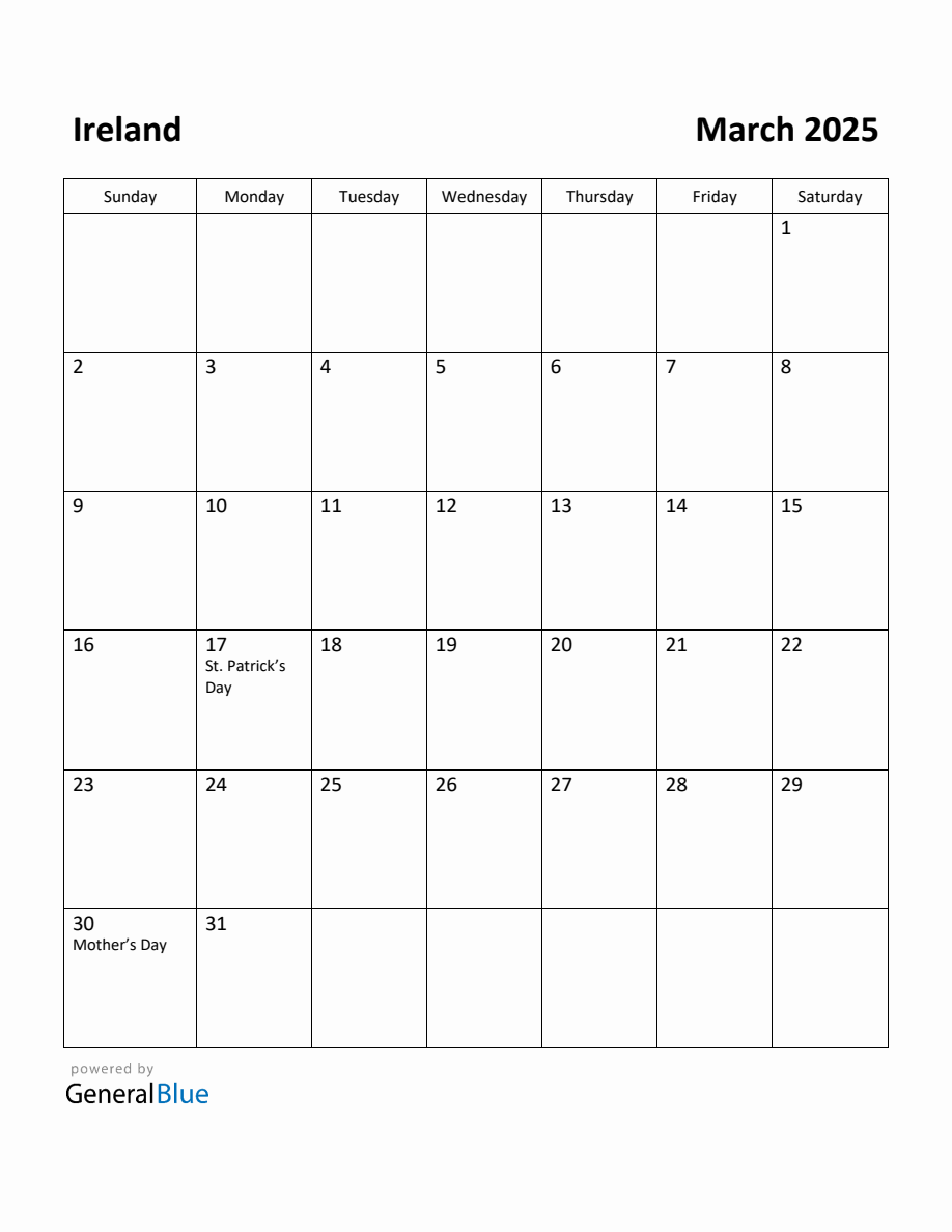 Free Printable March 2025 Calendar for Ireland