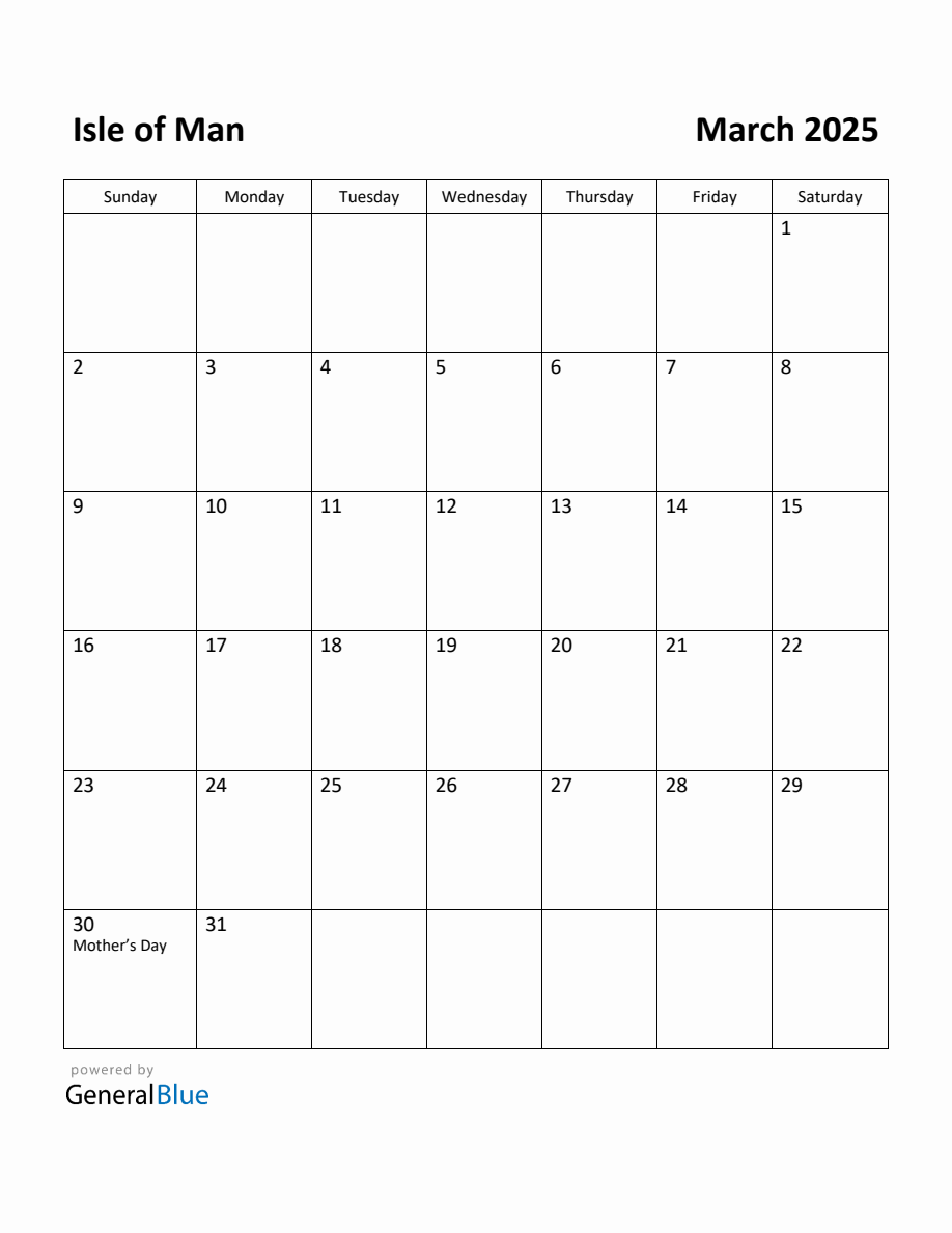 Free Printable March 2025 Calendar for Isle of Man