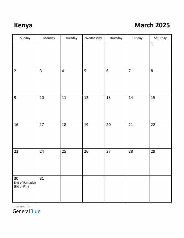 March 2025 Calendar with Kenya Holidays
