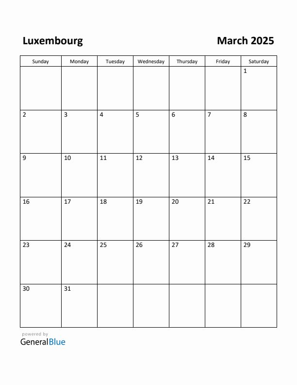 Free Printable March 2025 Calendar for Luxembourg