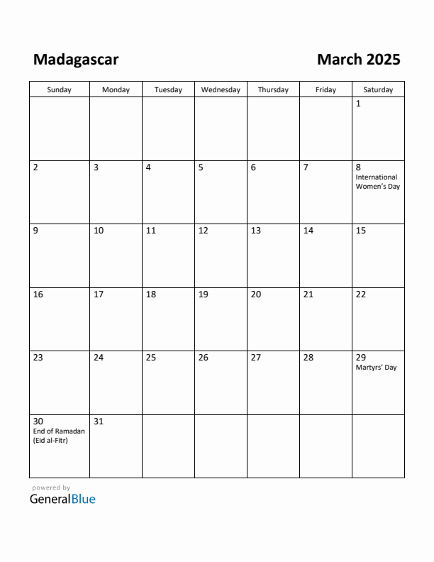 March 2025 Calendar with Madagascar Holidays
