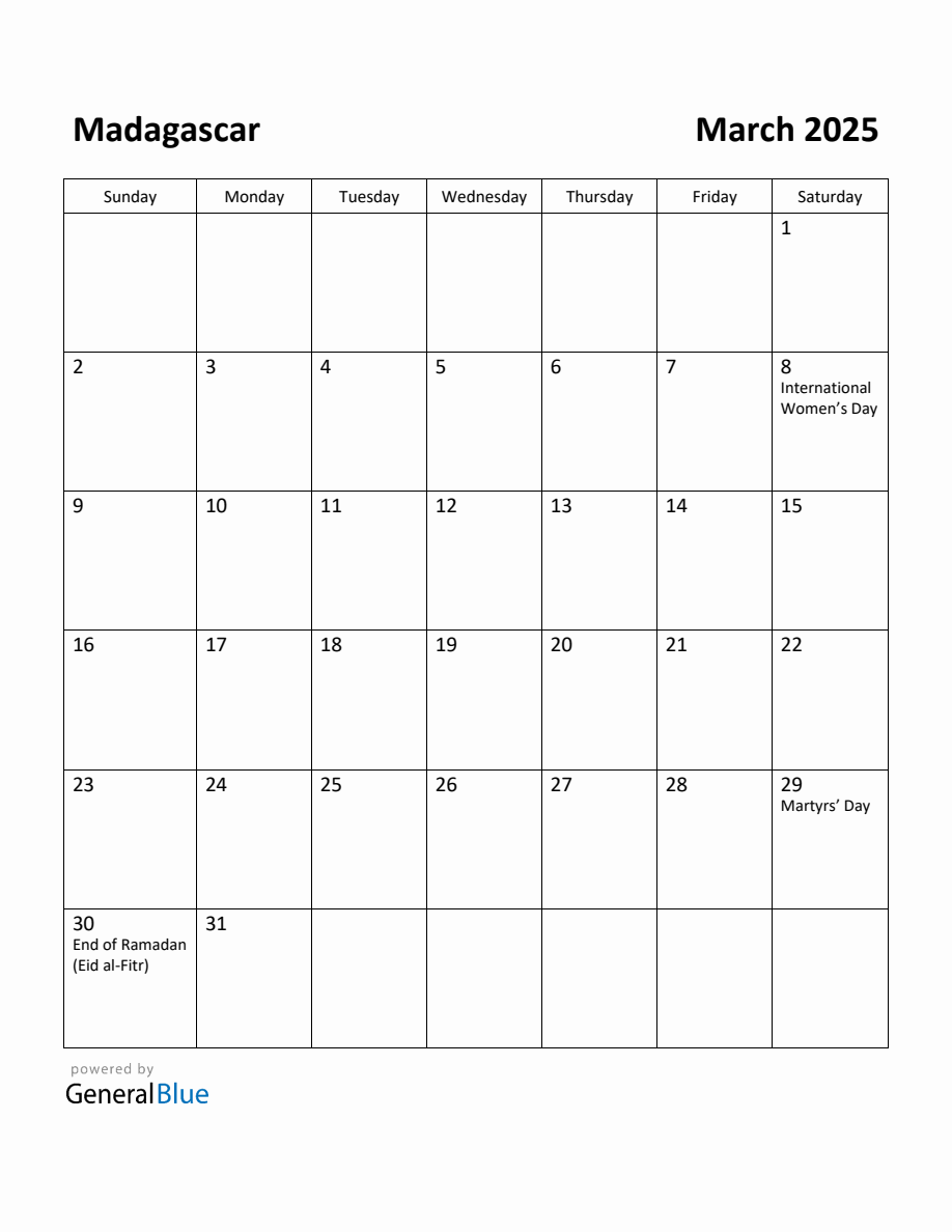 Free Printable March 2025 Calendar for Madagascar