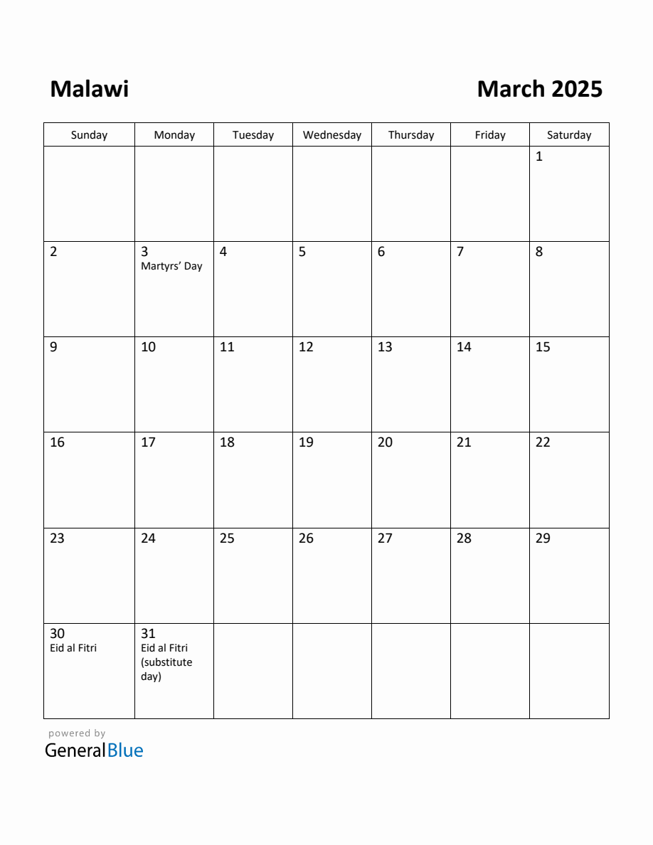 Free Printable March 2025 Calendar for Malawi