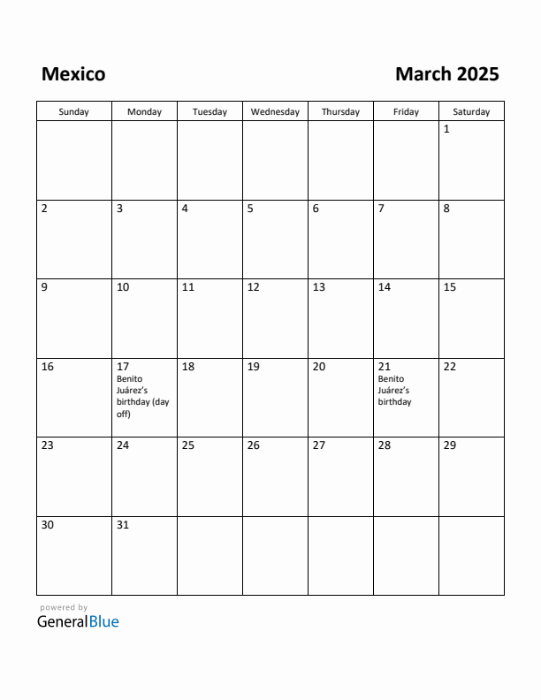 March 2025 Calendar with Mexico Holidays