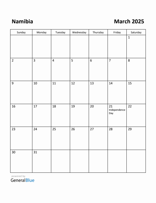 March 2025 Calendar with Namibia Holidays