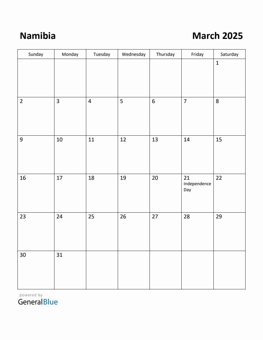 Free Printable March 2025 Calendar for Namibia