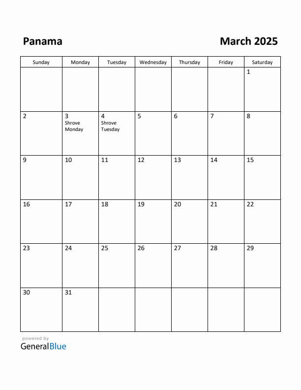 March 2025 Calendar with Panama Holidays