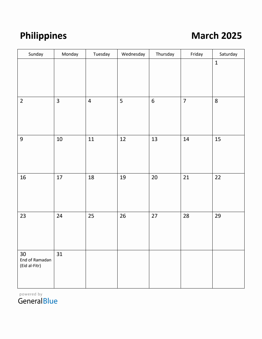 Free Printable March 2025 Calendar for Philippines