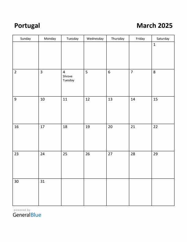 March 2025 Calendar with Portugal Holidays