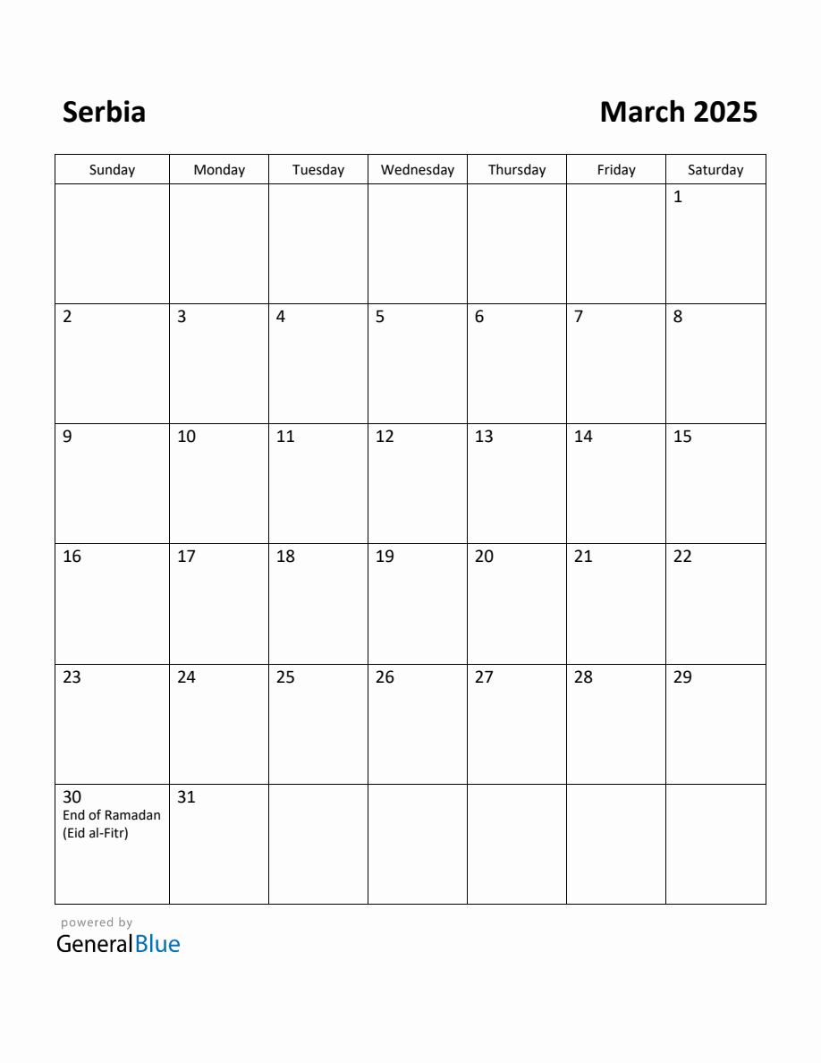 Free Printable March 2025 Calendar for Serbia