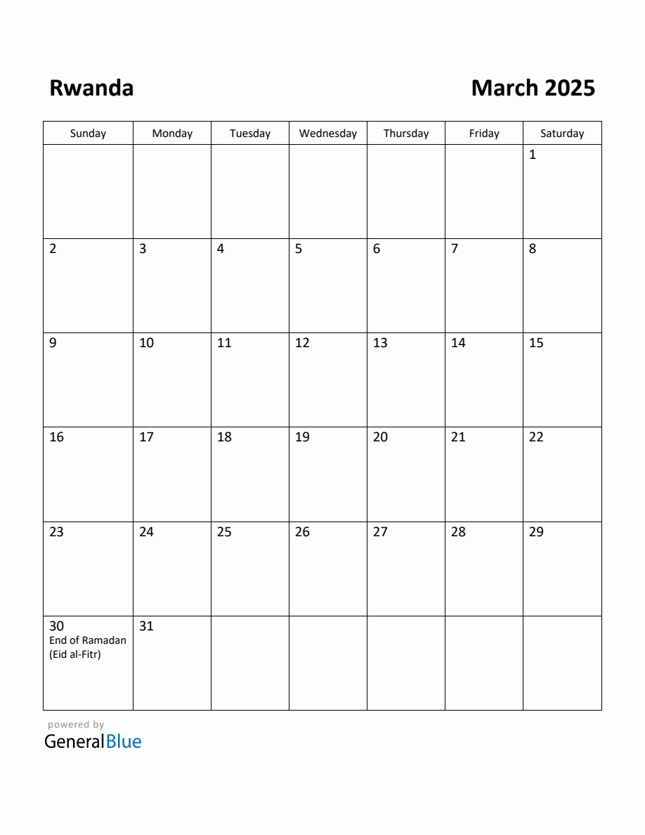 Free Printable March 2025 Calendar for Rwanda