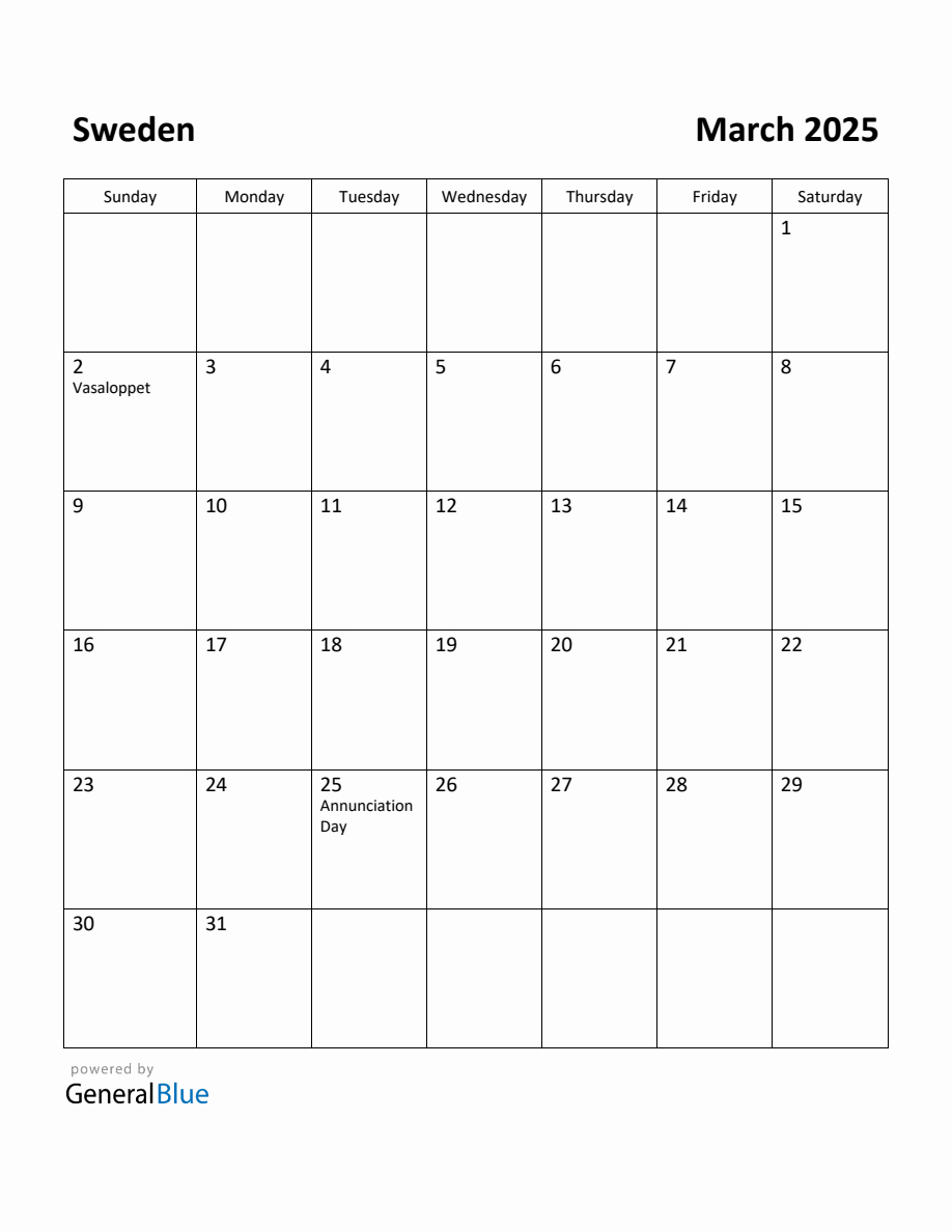 Free Printable March 2025 Calendar for Sweden