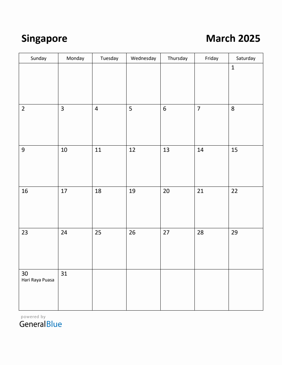 Free Printable March 2025 Calendar for Singapore