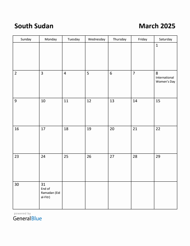 March 2025 Calendar with South Sudan Holidays