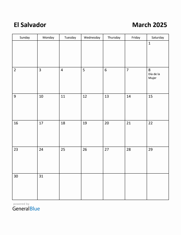 March 2025 Calendar with El Salvador Holidays
