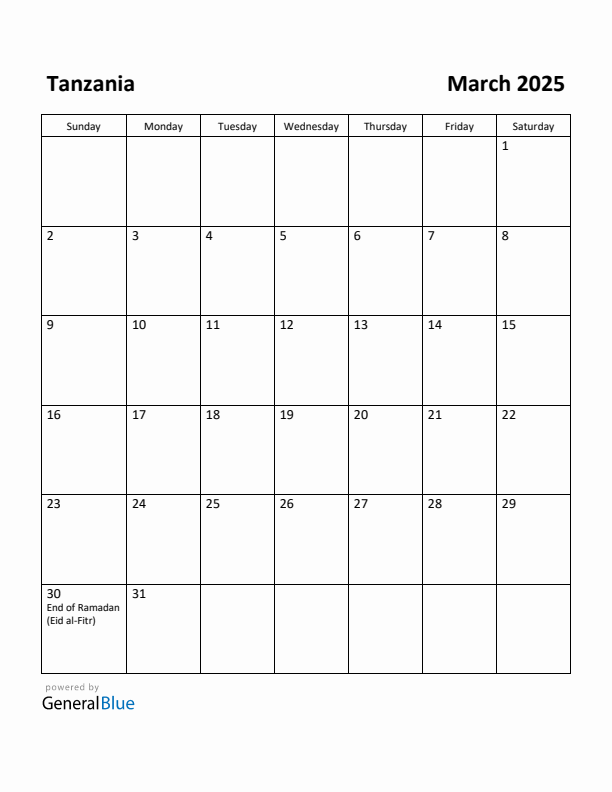 March 2025 Calendar with Tanzania Holidays