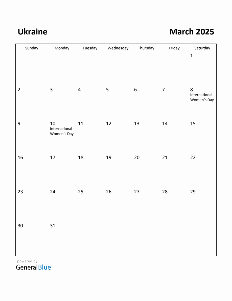 Free Printable March 2025 Calendar for Ukraine