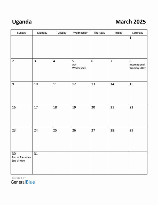 March 2025 Calendar with Uganda Holidays