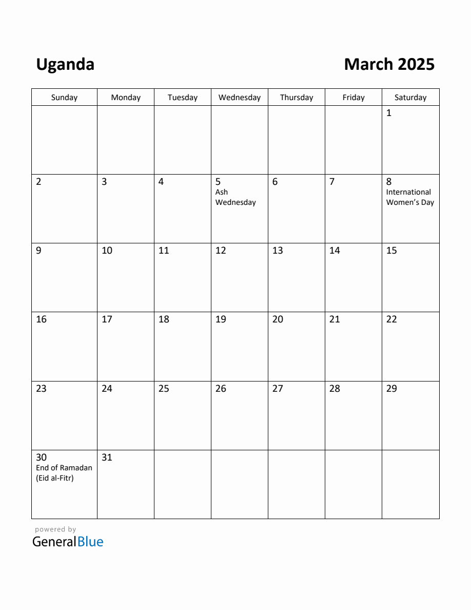 Free Printable March 2025 Calendar for Uganda