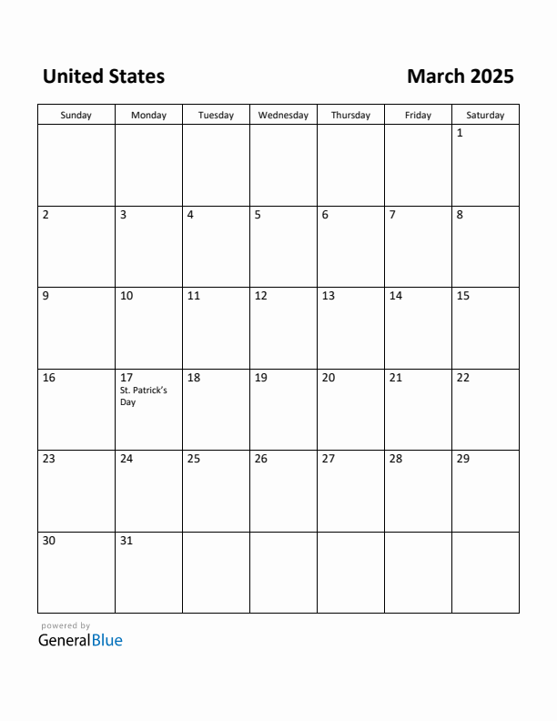 March 2025 Monthly Calendar with United States Holidays