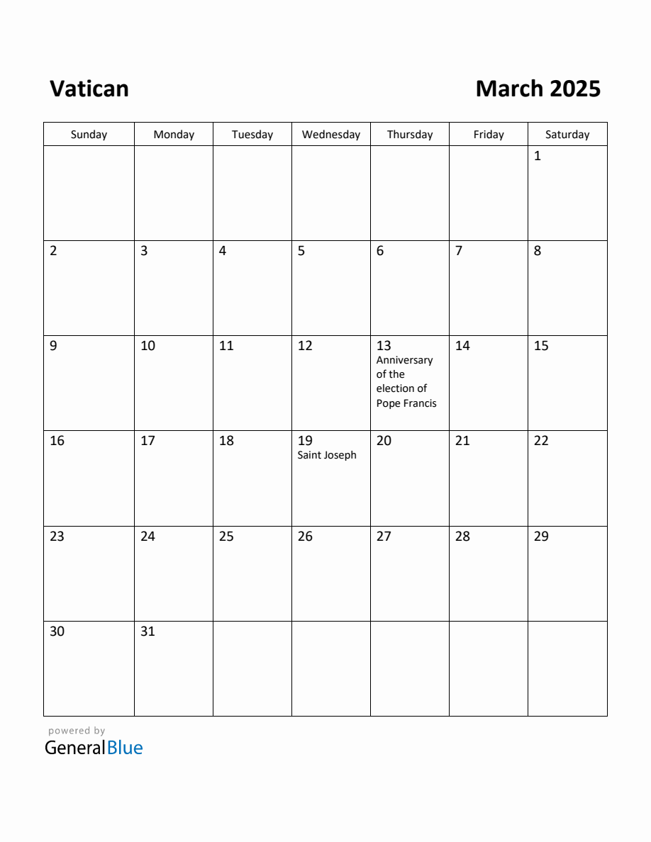 Free Printable March 2025 Calendar for Vatican