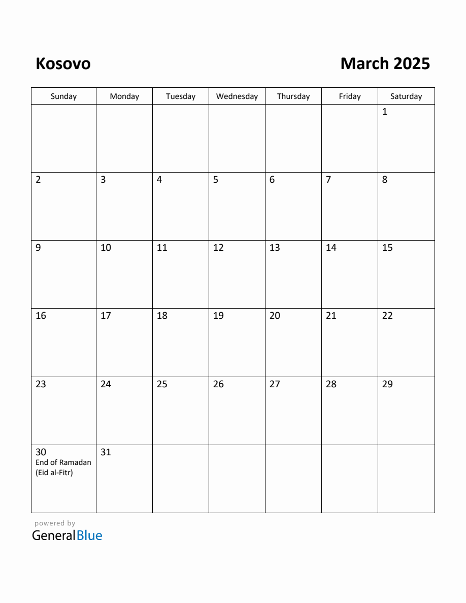 Free Printable March 2025 Calendar for Kosovo