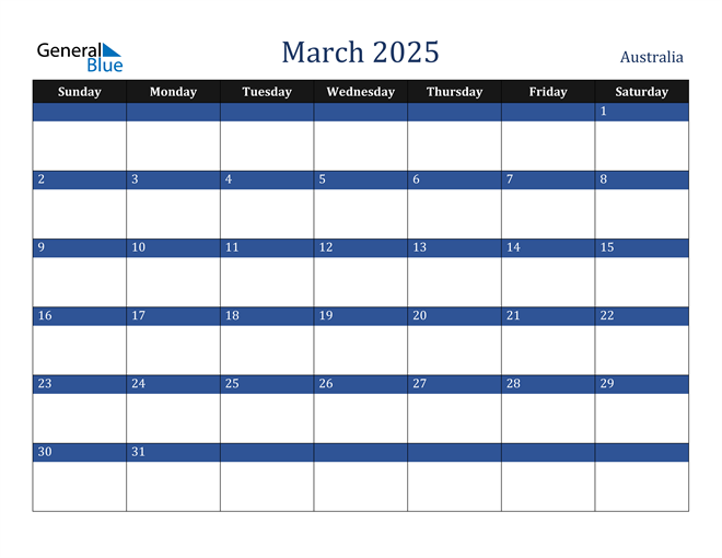 Australia March 2025 Calendar with Holidays