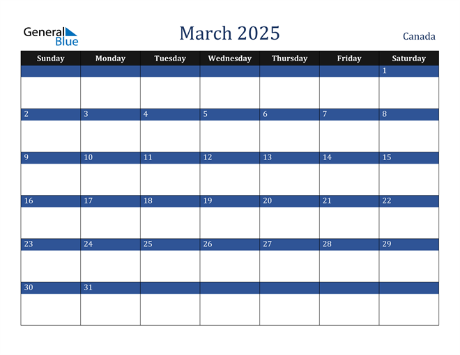 March 2025 Calendar with Canada Holidays