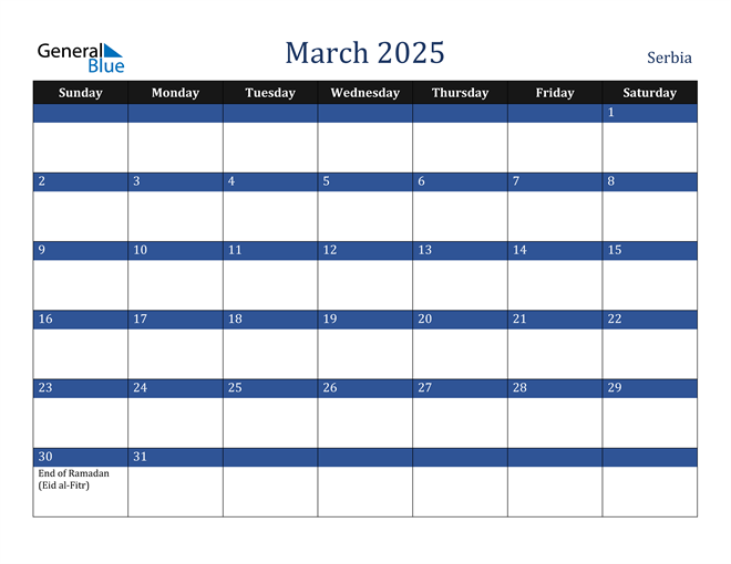 March 2025 Serbia Calendar
