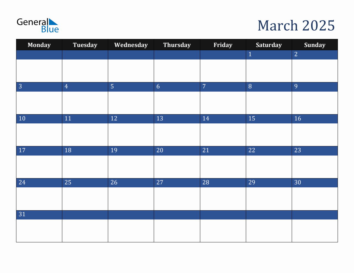 March 2025 Downloadable Monday Start Calendar