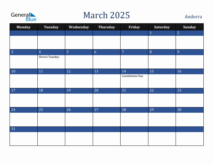 March 2025 Andorra Calendar (Monday Start)