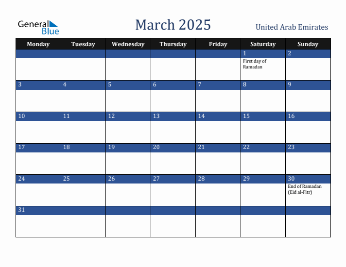March 2025 United Arab Emirates Calendar (Monday Start)