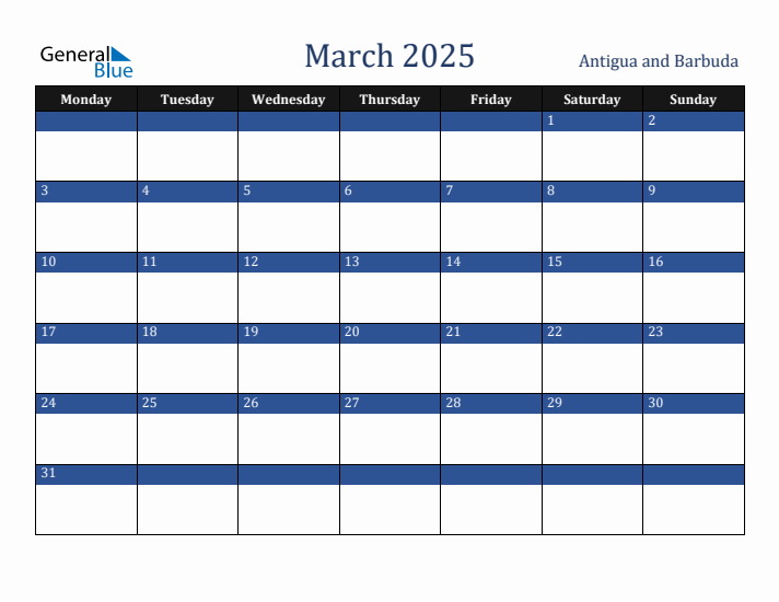 March 2025 Antigua and Barbuda Calendar (Monday Start)